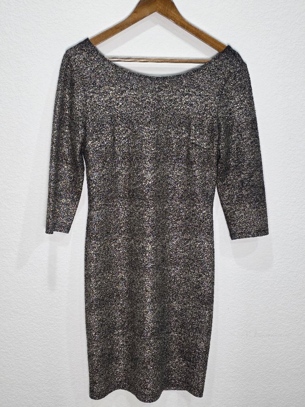 Frank Lyman Sparkly Metallic Shimmer Sheath Dress Size 8 3/4 Sleeve Holiday Part